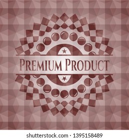 Premium Product red seamless emblem or badge with abstract geometric pattern background.