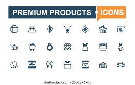 Premium Products line icon. Includes thin line symbols element, goods, luxury, beauty, fashion and more. Luxury Goods simple icon. Modern vector illustration. Editable vector art and illustration.