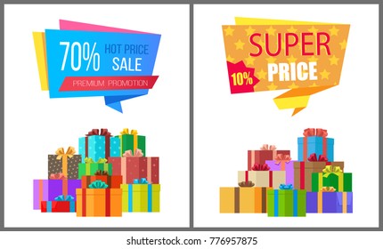 Premium promotion hot prices sale super special exclusive offer posters with piles of gift boxes wrapped in decorative color paper vector illustration