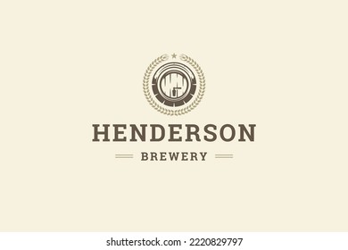 Premium pub bar craft beer store circle logo design template product quality vector illustration. Monochrome vintage alcohol beverage production shop restaurant cafe label round wooden barrel mark
