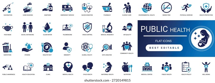 Premium public health solid icon set featuring community wellness, healthcare policy, disease prevention, and hospital safety. High-quality editable vector elements for public awareness and medical projects.