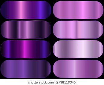 Premium purple gradient swatch palette set. purple metal gradient. realistic aluminum purple rectangles.