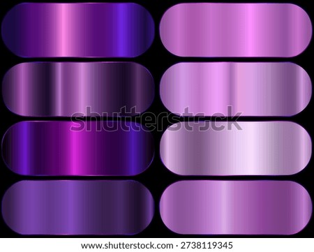 Premium purple gradient swatch palette set. purple metal gradient. realistic aluminum purple rectangles.