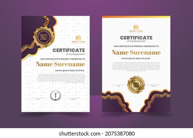 Diseño de plantillas de certificado premium púrpura y naranja. Ilustración vectorial