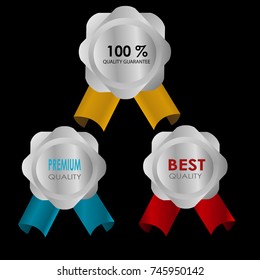 premium quality 100% guarantee quality  best quality banner web badge label with red blue and golden ribbon on black background