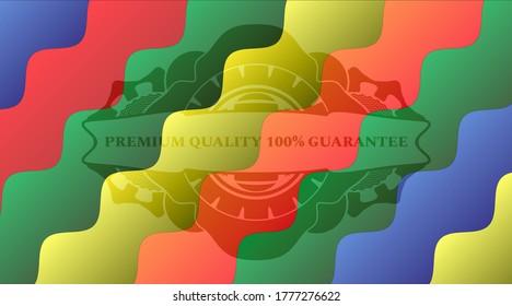 Calidad premium 100% garantía de texto dentro del emblema multicolor de caramelo colorido. Curvando un delicado fondo. Ilustración. 