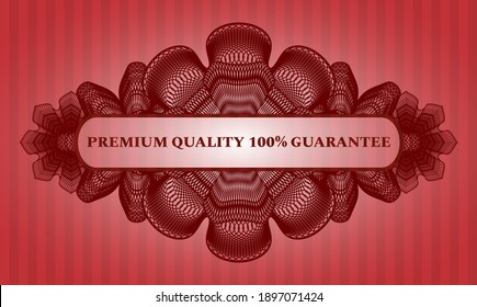 Premium quality 100% guarantee text inside Linear currency red realistic badge. Bars delicate background. Artistic illustration. 