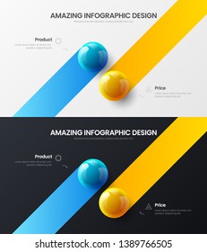 Premium quality 2 option marketing analytics presentation vector illustration template bundle. Business data visualization design layout. Amazing colorful 3D balls corporate statistics infographic set