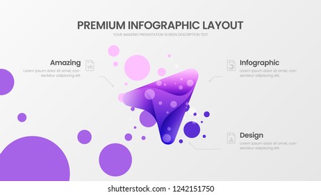 Premium quality 3 option arrow marketing analytics presentation vector illustration template. Business data visualization design layout. Amazing colorful triangle organic statistics infographic report
