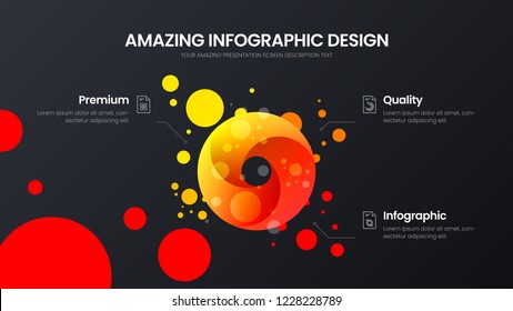 Premium quality 3 option circle marketing analytics presentation vector illustration template. Business data visualization design layout. Amazing colorful round organic statistics infographic report.