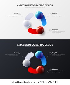 Premium quality 3 option marketing analytics presentation vector illustration template bundle. Business data visualization design layout. Amazing colorful 3D balls corporate statistics infographic set