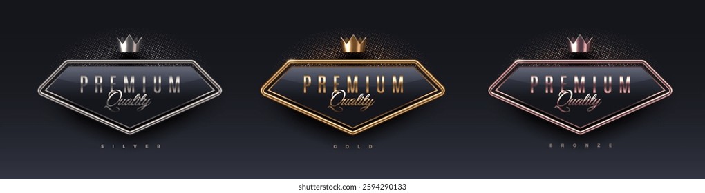 Premium quality 3d diamond shape sign with metal frame and crown. Gold, silver and bronze metallic luxury premium quality sign on black background. Vector set.