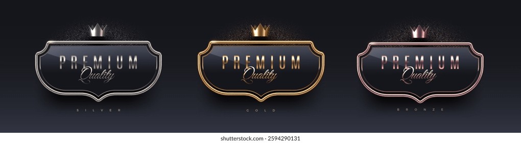 Premium quality 3d shield shape sign with metal frame and crown. Gold, silver and bronze metallic luxury premium quality sign on black background. Vector set.