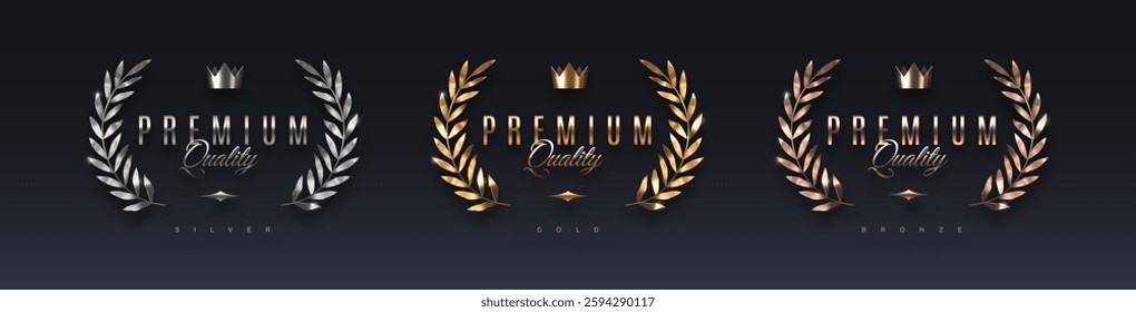 Premium quality 3d sign with metallic laurel wrealth and crown. Gold, silver and bronze metal luxury premium quality sign on black background. Vector set.