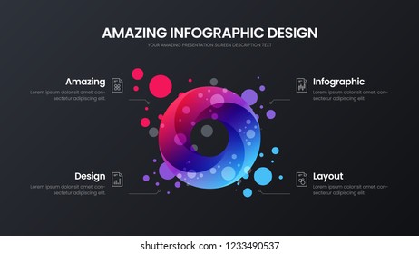 Premium quality 4 option circle marketing analytics presentation vector illustration template. Business data visualization design layout. Amazing colorful round organic statistics infographic report.