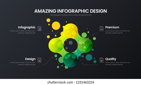 Premium quality 4 option marketing analytics presentation vector illustration template. Creative business data visualization design layout. Amazing colorful fresh organic statistics infographic report