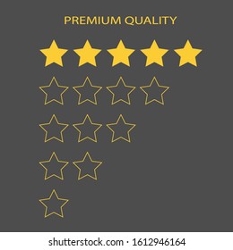 Premium quality 5 gold rating stars. Shapes of five vector rank empty and full stars.