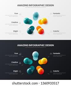 Premium quality 5 option marketing analytics presentation vector illustration template bundle. Business data visualization design layout. Amazing colorful 3D balls corporate statistics infographic set