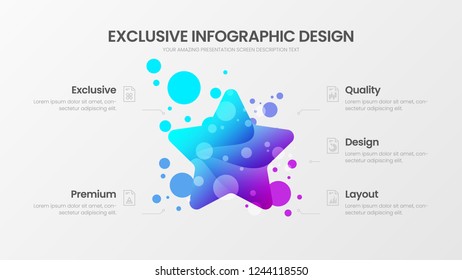 Premium quality 5 option star marketing analytics presentation vector illustration template. Creative business data visualization design layout. Amazing colorful organic statistics infographic report.