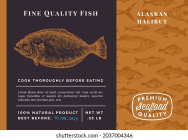 Premium Quality Alaskan Halibut Abstract Vector Packaging Design or Label. Modern Typography and Hand Drawn Sketch Fish Pattern Background Seafood Layout.