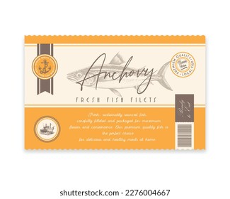 Premium Quality Anchovy Vector Packaging Label Design. Modern Typography and Hand Drawn Fish Silhouette Seafood Product Background Layout