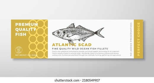 Premium Quality Atlantic Scad Vector Packaging Label Design. Modern Typography and Hand Drawn Fish Silhouette Seafood Product Background Layout