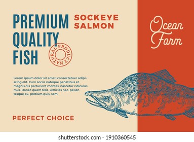 Premium Quality Atlantic Sockey Salmon. Abstract Vector Food Packaging Design or Label. Modern Typography and Hand Drawn Fish Sketch Silhouette Background Layout.