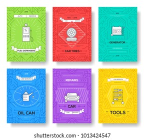 Premium quality auto service vector brochure cards thin line set. Worker mechanic repairs linear template of flyer, magazines, posters, book cover, banners. Layout Vehicle station outline modern pages