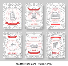Premium quality auto service vector brochure cards thin line set. Worker mechanic repair linear template of flyear, magazines, posters, book cover, banners. Layout Vehicle station outline modern pages