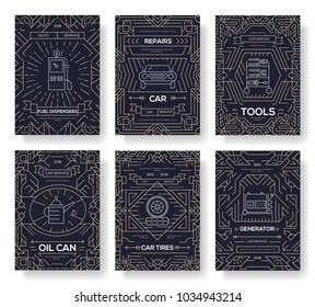 Premium quality auto service vector brochure cards thin line set. Worker mechanic repair linear template of flyear, magazines, posters, book cover, banners. Layout Vehicle station outline modern 