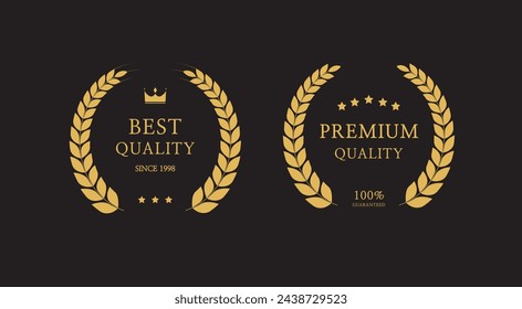 Premium quality badge. Best quality label. Golden laurel wreath. award, achievement. 100% guaranteed badge. Vector illustration