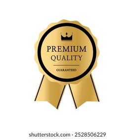 Premium quality badge. Premium certificate badge. Golden label sign, seal, stamp, sticker. 100 percent quality guaranteed tag. Vector illustration