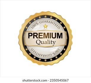 Premium quality badge with gold ribbon on white background