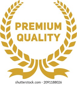 Premium quality badge. Golden laurel wreath icon.