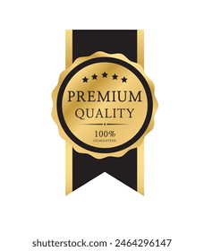 Premium quality badge or label. Gold vector medal. Golden ribbon. Vector illustration