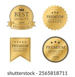 Premium quality badge set. Premium certificate badge. Golden label sign, seal, stamp, sticker. 100 percent quality guaranteed tag. Vector illustration
