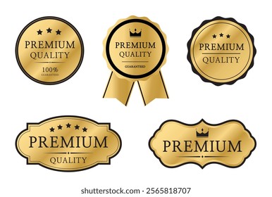 Premium quality badge set. Premium certificate badge. Golden label sign, seal, stamp, sticker. 100 percent quality guaranteed tag. Vector illustration