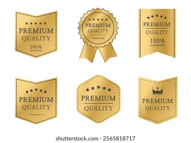 Premium quality badge set. Premium certificate badge. Golden label sign, seal, stamp, sticker. 100 percent quality guaranteed tag. Vector illustration