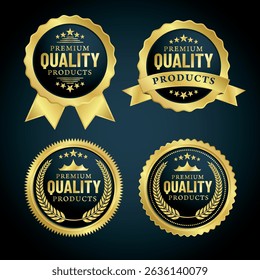 Elegantes insignias de calidad dorada con Elementos de cinta y diseño de corona de laurel. Ideal para certificaciones de productos, Plantillas de premios, etiquetas de primera categoría y marcas premium. EPS de Vector editable para imprimir un