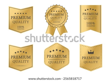 Premium quality badge set. Premium certificate badge. Golden label sign, seal, stamp, sticker. 100 percent quality guaranteed tag. Vector illustration