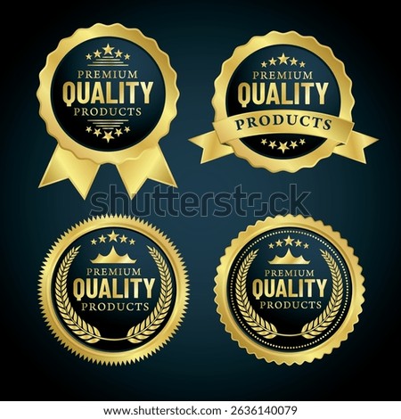 Premium quality badge set. Premium certificate badge. Golden label sign, seal, stamp, sticker. 100 percent quality guaranteed tag. Vector illustration Premium quality gold vector hexagon. Golden label