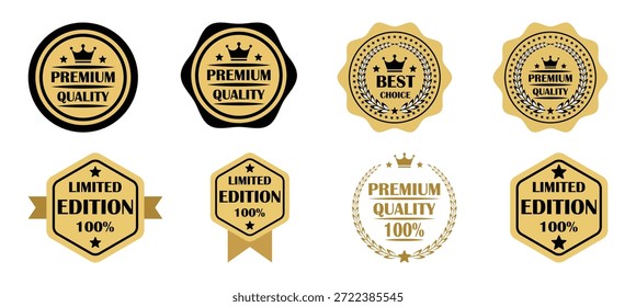 Conjunto de insignias de calidad de Premium con etiquetas doradas y negras que muestran la calidad premium, la mejor opción y los símbolos de edición limitada para el marcado de productos.