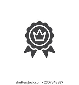 Premium quality badge vector icon. Award badge with crown filled flat sign for mobile concept and web design. Premium certified glyph icon. Symbol, logo illustration. Vector graphics