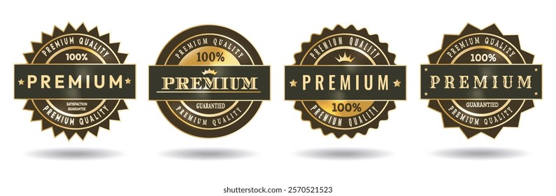 Premium quality badges. Black and gold premium sticker label set isolated vector illustration