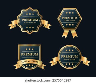 Premium quality badges. Black and gold premium sticker label set isolated vector illustration