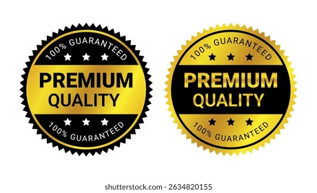 premium quality badges in gold and black circular design with stars and guaranteed label for trusted product	
