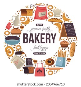 Premium quality bakery shop with natural and organic meal. Handmade products of flour, pastry and confectionery. Loaf of bread and croissant, cookies and organic snacks. Vector in flat style