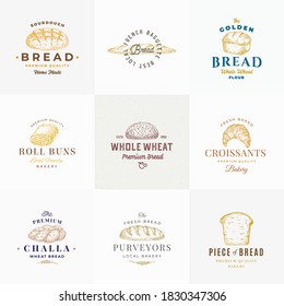 Premium Quality Bakery Vector Signs or Logo Templates Collection. Hand Drawn Brad Loafs, Challa, Baguette and croissant Sketches with Typography. Food Emblems Bundle. Isolated.