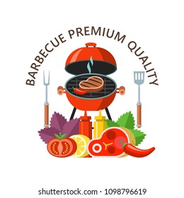 Premium quality barbecue. Grilled delicious steak. Still life of fresh meat, vegetables on the background of Basil leaves and lemon. Vector illustration.