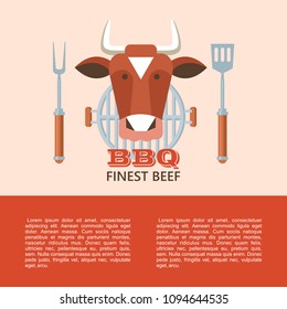 Premium quality barbecue. Vector emblem, logo. The head of a cow. Chef's fork and shovel, grill. Finest beef.